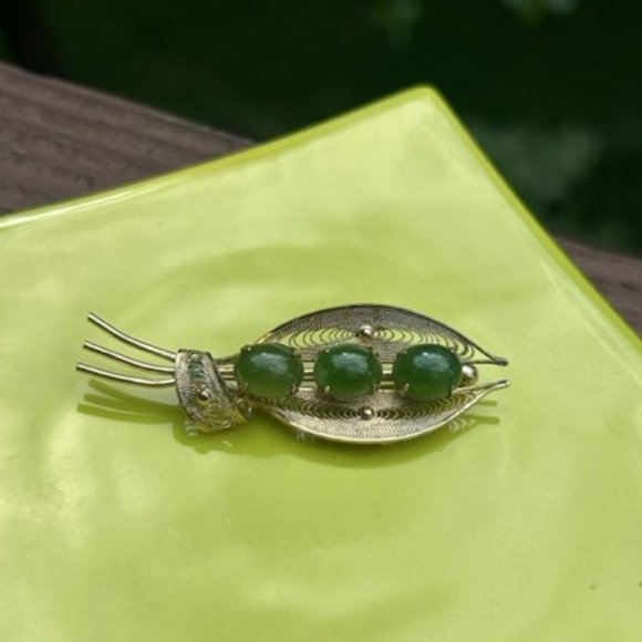 VTG SORRENTO Vermeil Sterling Silver Filigree Leaf Green Stone BROOCH - Picture 5 of 11